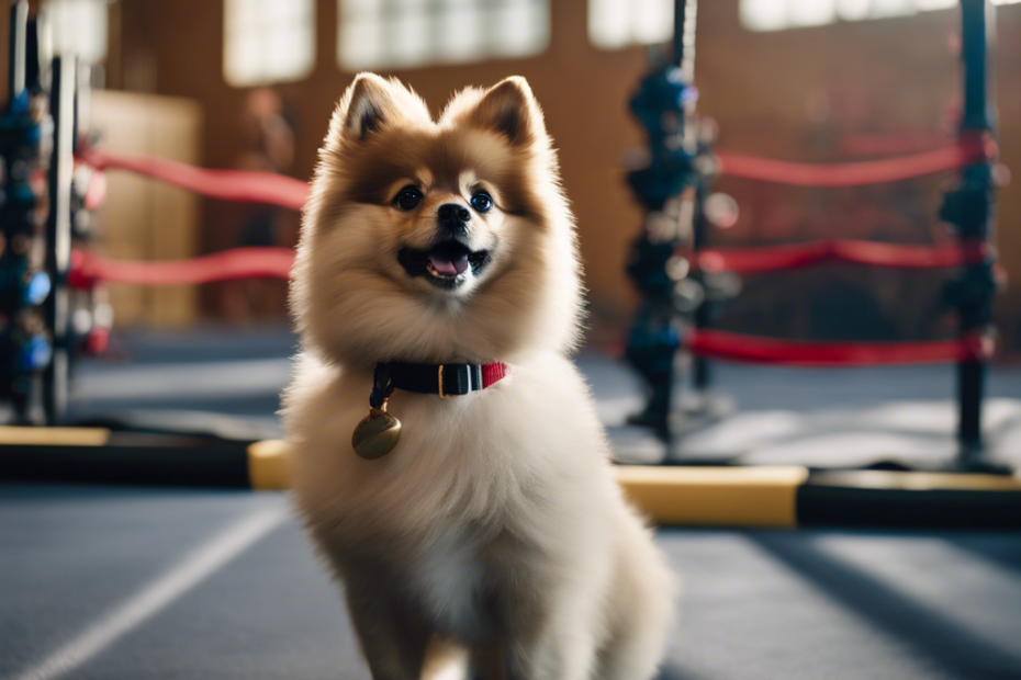 E an image of a Spitz puppy attentively performing an agility course with a proud trainer, set against a backdrop of training equipment and awards