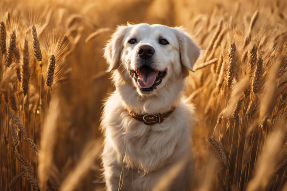 An image showcasing a contented, energetic dog bounding through a field of vibrant, golden wheat, juxtaposed with a serene, healthy dog lounging under a shady tree in a lush, grain-free meadow