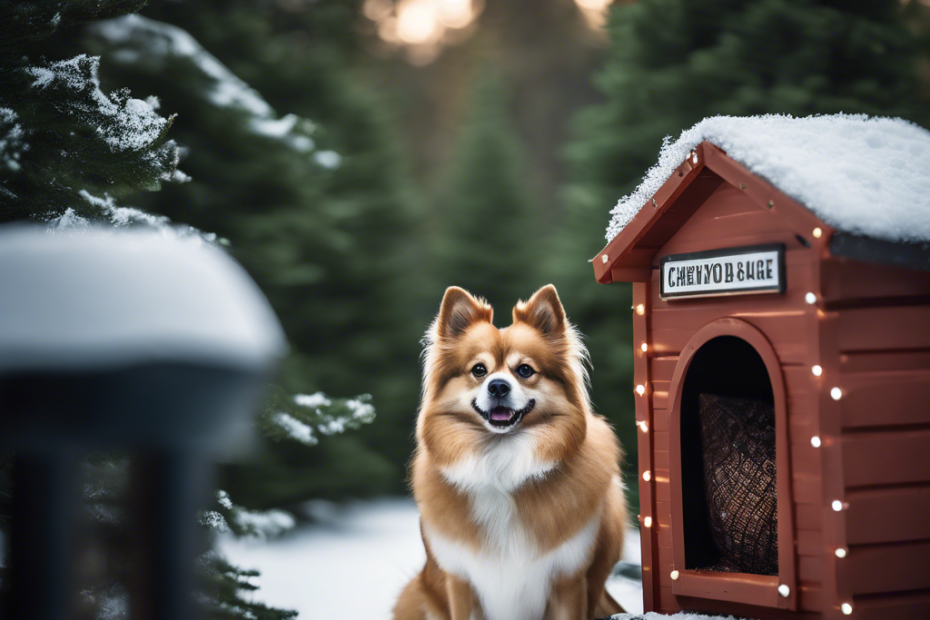 dog in a snowy backdrop, wearing a coat, with paw balm, a brush, and an insulated doghouse nearby, surrounded by evergreen trees