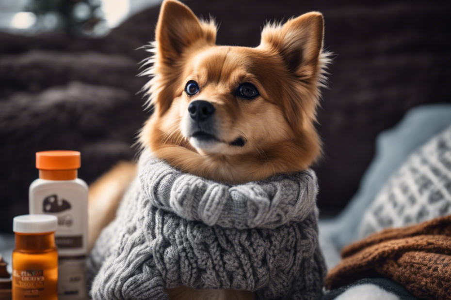 An image featuring a Spitz dog surrounded by winter care items: a cozy dog sweater, paw balm, a soft bed, and a brush, all set against a snowy backdrop