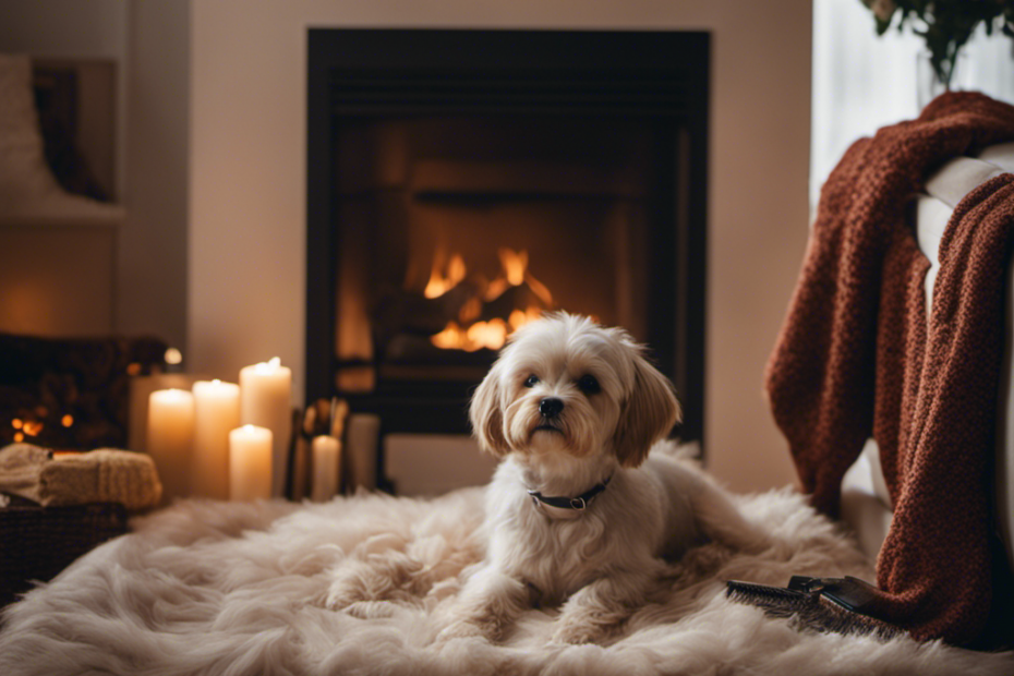 An image showcasing a cozy living room scene: a fluffy pooch with a warm winter sweater, relaxing on a plush fur rug, while a groomer gently brushes its fur near a crackling fireplace