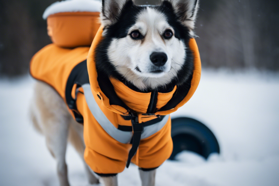 dog wearing a reflective winter jacket, lined with fleece, snow boots, and a warm snood, amidst a snowy landscape with a dog sled and insulated water bowl in the background