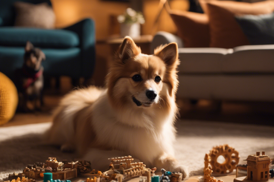 A cozy indoor scene with a Spitz dog playing with various toys, a puzzle, a small indoor agility course, and a family baking dog treats in a warm, well-lit living room