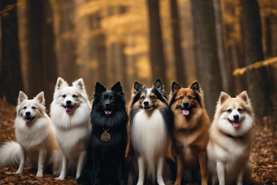 An image of ten diverse Spitz breed dogs in a forest, each showcasing traits ideal for hunting, with gear, amidst autumn foliage, no text