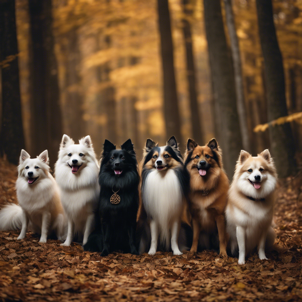 An image of ten diverse Spitz breed dogs in a forest, each showcasing traits ideal for hunting, with gear, amidst autumn foliage, no text