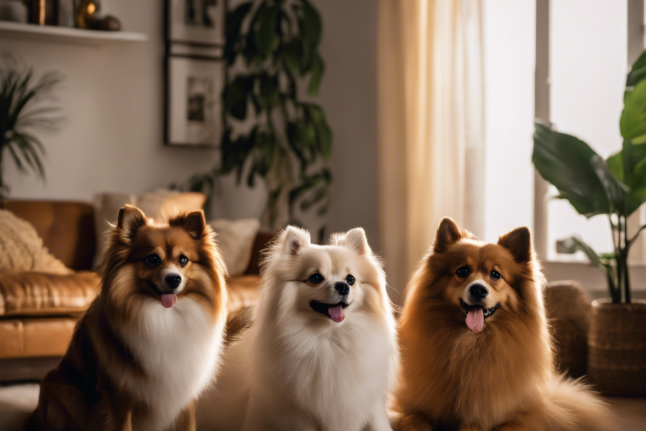 Ate ten Spitz dog breeds, each in cozy apartment settings, portraying their size, fluffy coats, and friendly demeanor, with diverse decor indicating a comfortable indoor lifestyle