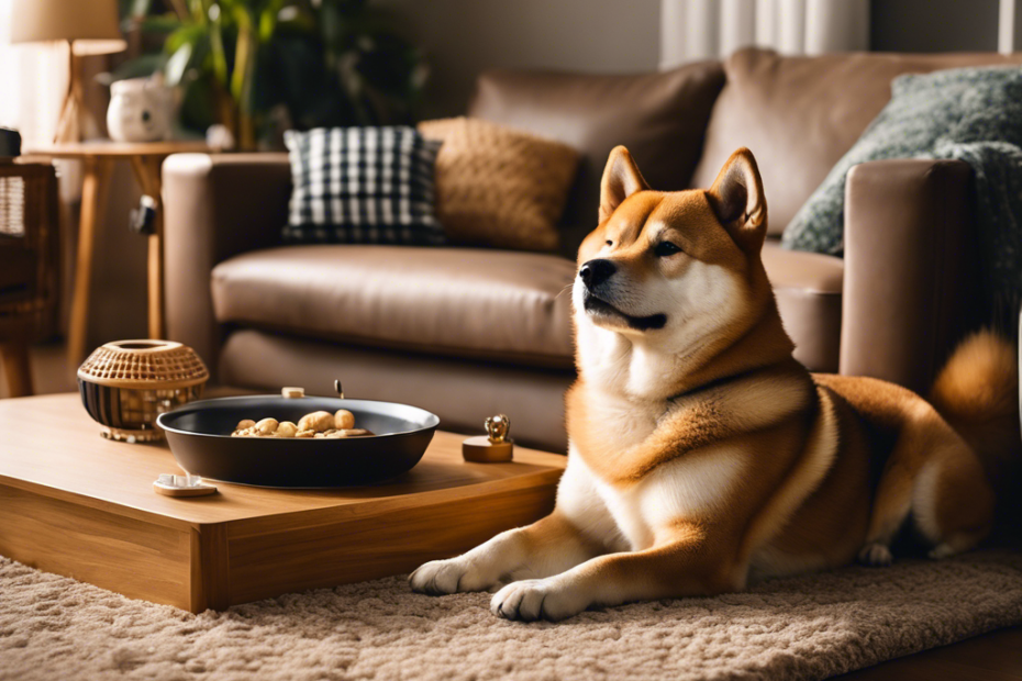 Ate a cozy apartment interior with various Japanese dog breeds (Shiba Inu, Akita, Kishu) lounging on pet-friendly furniture, incorporating space-saving pet accessories and serene Japanese-inspired decor elements