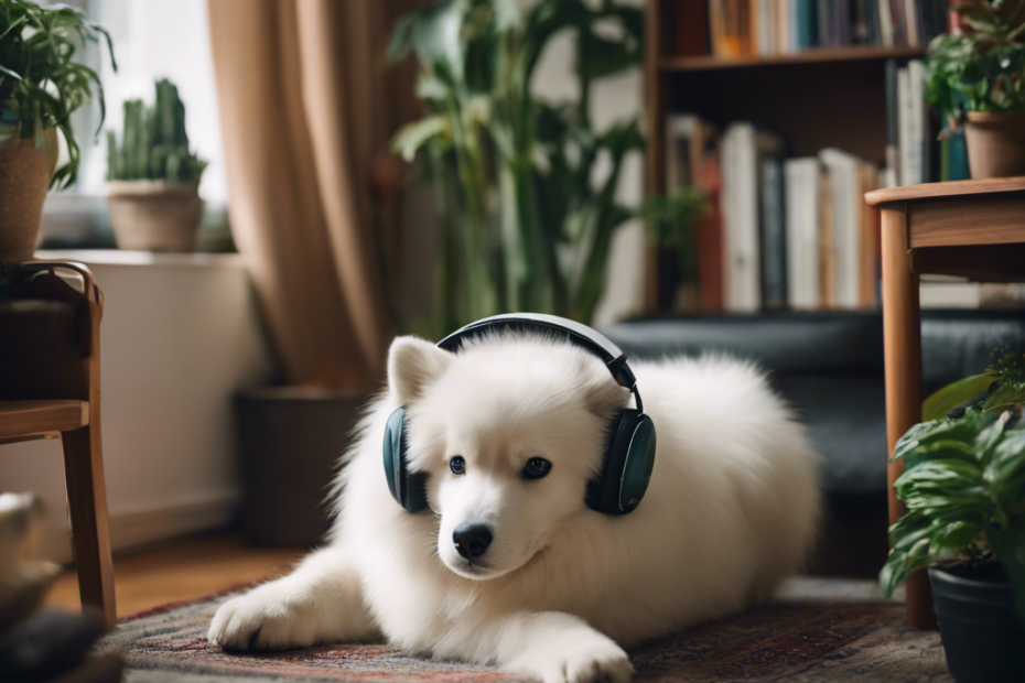 An image of various arctic dogs wearing cute earmuffs, nestled in a cozy apartment with thick rugs, heavy curtains, and a bookshelf filled with plants, away from a faint cityscape background
