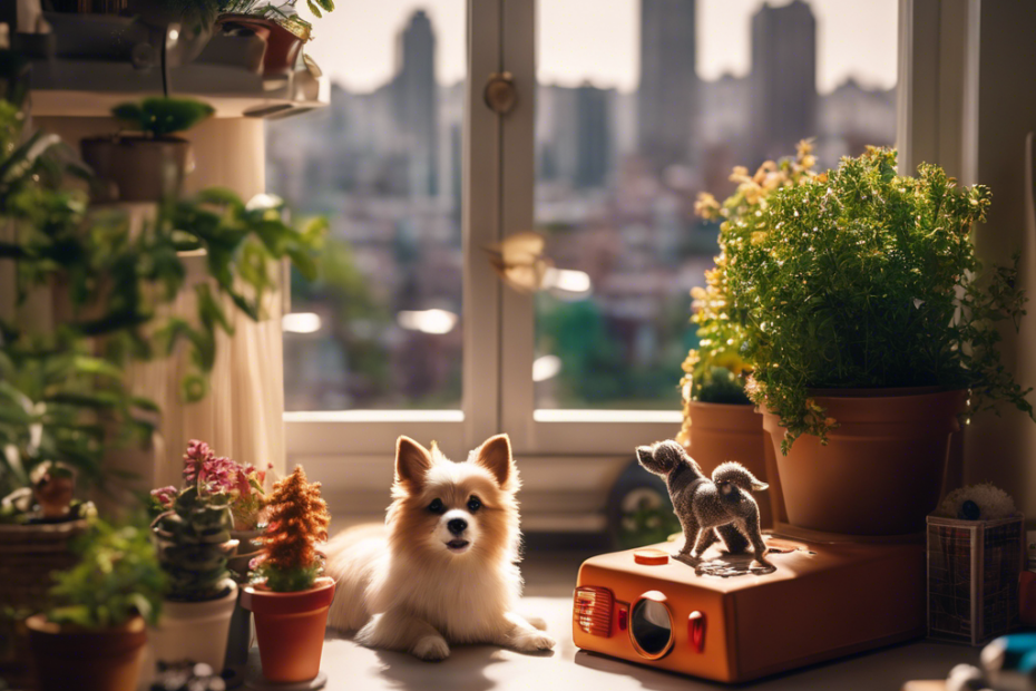 An illustration of a cozy apartment with a Spitz dog playing with toys, a dog bed, food bowls, and a cityscape visible through a window with a balcony featuring potted plants