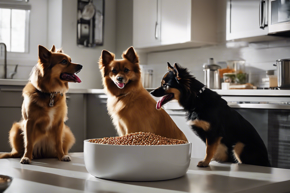An image with three Spitz dogs in a modern apartment kitchen, each dog eating from a separate elevated bowl, with a variety of healthy dog foods and a water fountain in the background