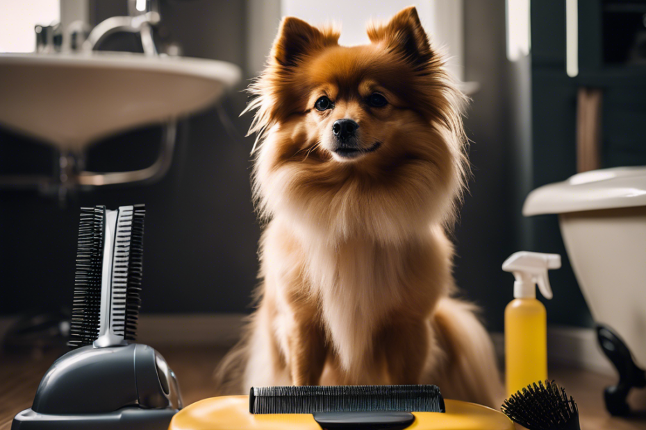 Ate a Spitz dog being groomed in an apartment with grooming tools, a vacuum cleaner, and a bath mat, capturing the essence of an efficient, small-space grooming session