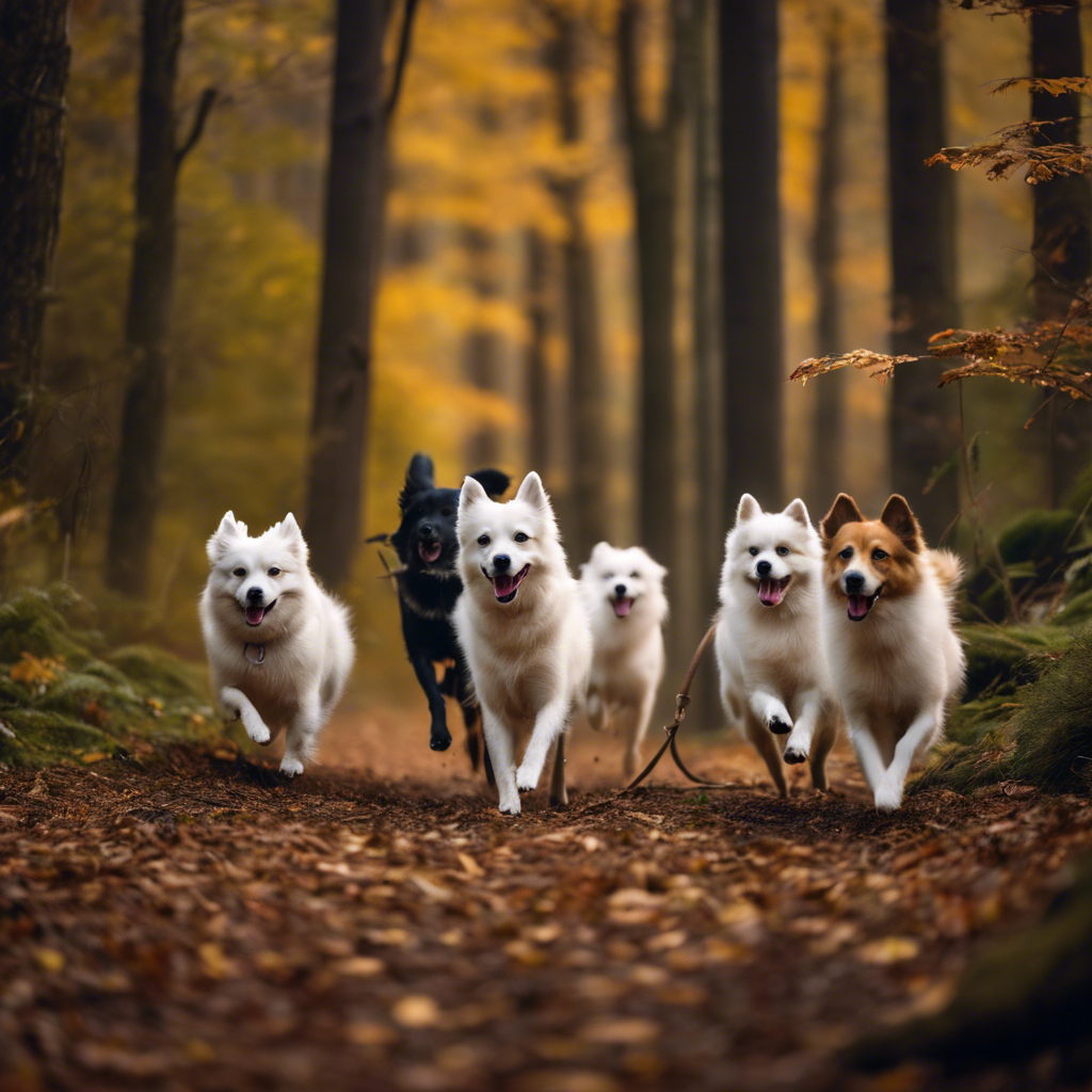 Itz dogs practicing different hunting techniques: tracking scent trails, retrieval in water, agility through forest obstacles, and pointing stance in an autumnal, wooded landscape