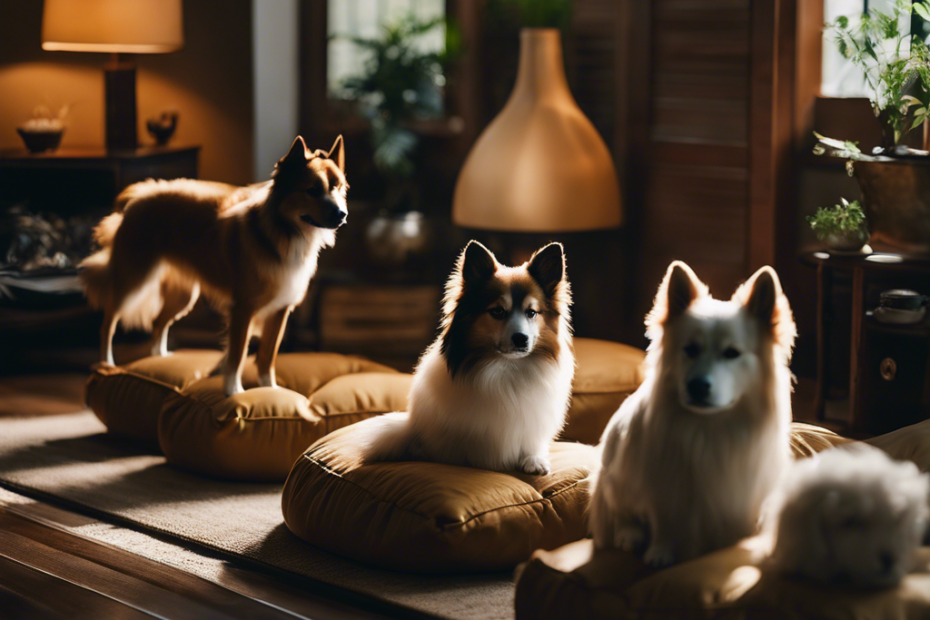 E an image featuring five distinct Japanese dogs, each in a cozy apartment setting, displaying traits such as small stature, calm demeanor, sociability, cleanliness, and trainability