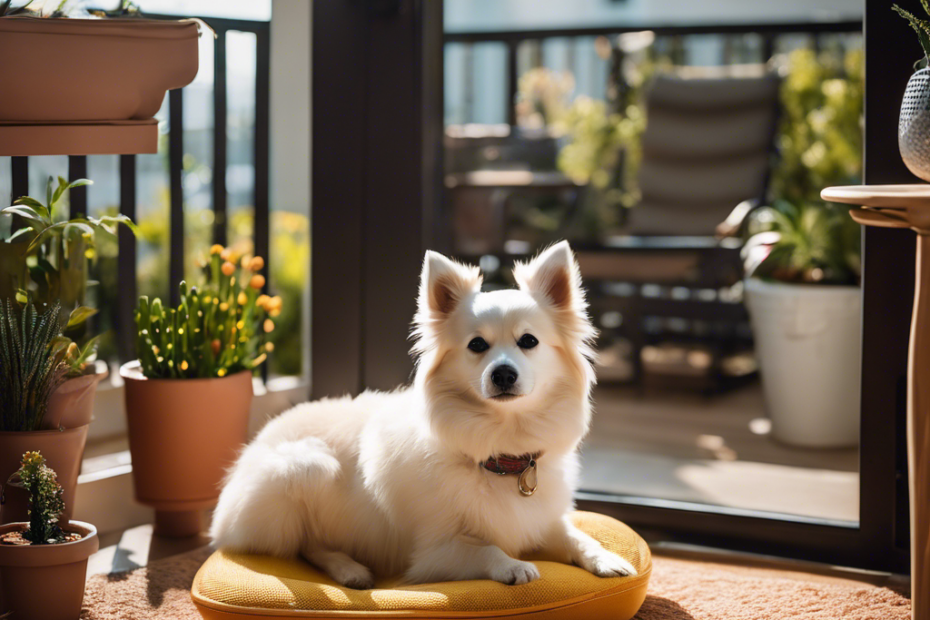 An image featuring cozy apartment scenes: a Spitz dog napping on a sunny balcony, organized dog toys, a compact doggy exercise area, a wall-mounted dog dish, and a small indoor potty area