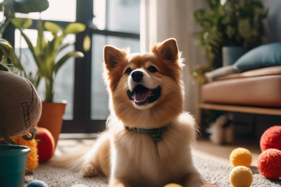 Ate a cozy apartment space with a smiling Spitz dog, a variety of dog toys, a comfortable dog bed, plants, and a sunny balcony with a small agility course
