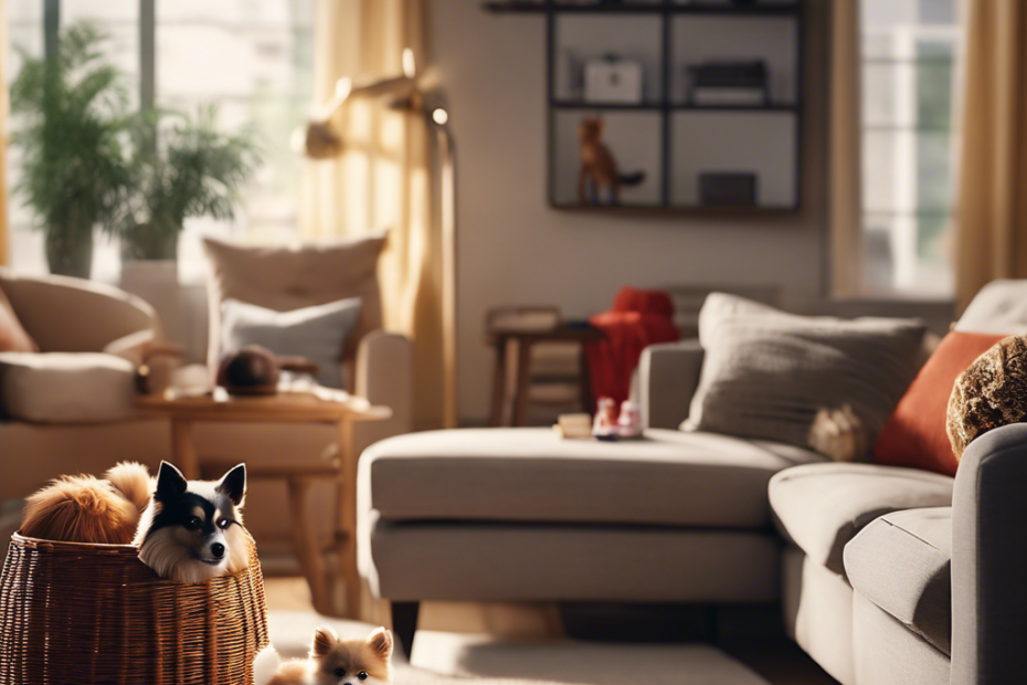 Ate a cozy apartment scene with various Spitz breeds peacefully coexisting, featuring space-saving pet furniture, toy baskets, and a sunny balcony with a small dog agility course