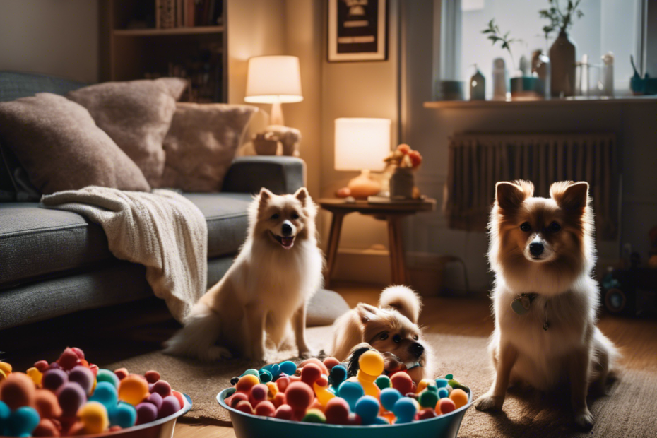 A cozy apartment scene with eight Spitz dogs engaging in various activities, like playing with toys, resting in small beds, eating from bowls, and looking out a window