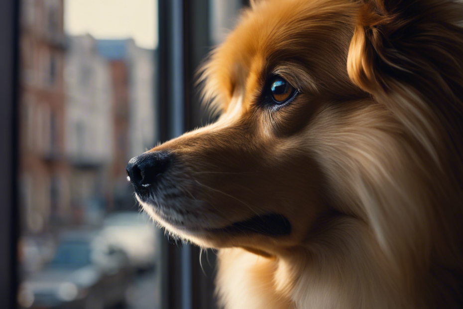 dog gazing out of an apartment window, a "No Pets" sign visible outside, while various dog breeds walk freely on the street below, highlighting the contrast of breed restrictions