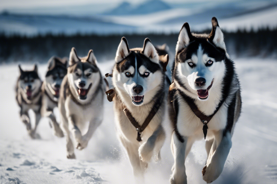 Of huskies chasing a caribou across a snowy tundra, with a focus on the lead dog's determined expression and muscular build, emphasizing stamina and the harsh Arctic environment
