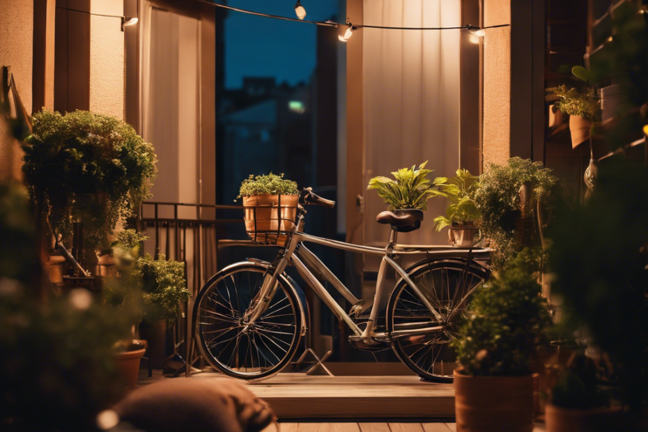 Ate a cozy apartment balcony with a Spitz dog, space-saving furniture, potted plants, a hanging bicycle, and an efficient vertical storage unit under soft, warm lighting