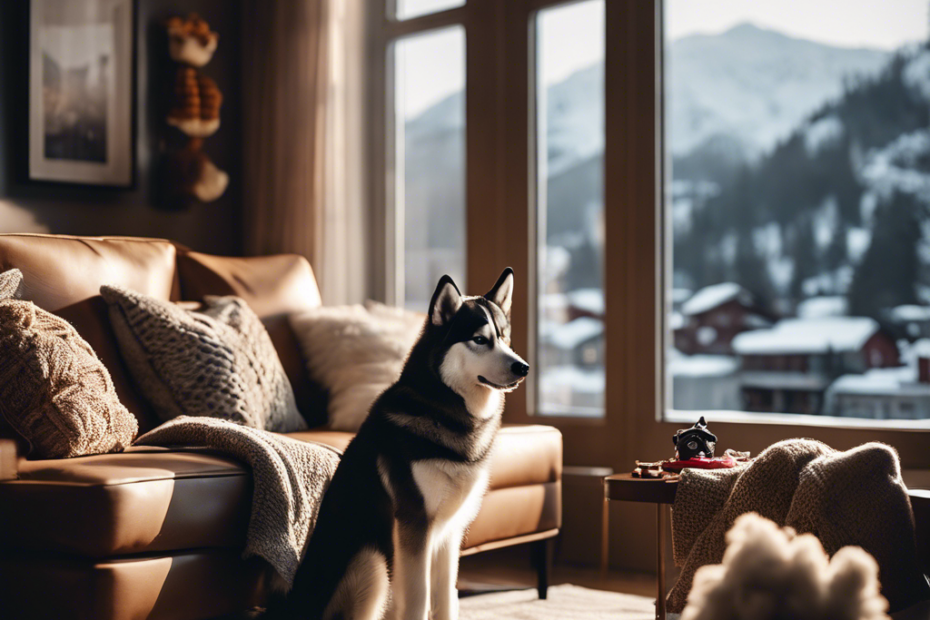 An image of a cozy apartment interior with a person and a husky cuddling on a sofa, dog toys around, and a snowy landscape visible through a large window