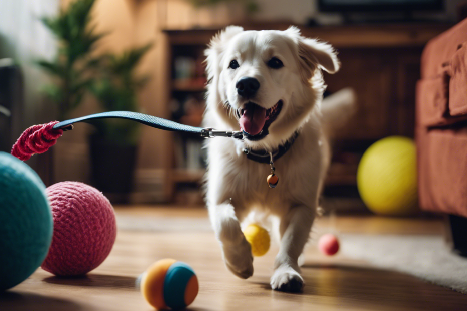 An image of a joyful dog on a leash in a cozy apartment, with a variety of dog toys, a treadmill designed for dogs, and an agility training setup in a small indoor space