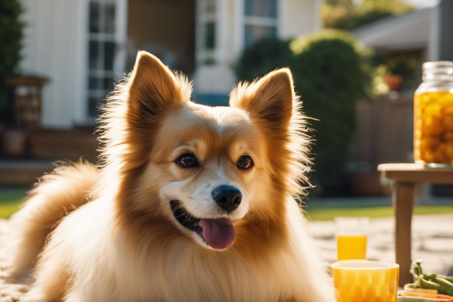 An image showcasing a serene, sun-drenched backyard scene with a Spitz dog basking in its golden years, surrounded by a nutritious diet, regular vet check-ups, daily exercise, mental stimulation, socialization, and a loving owner