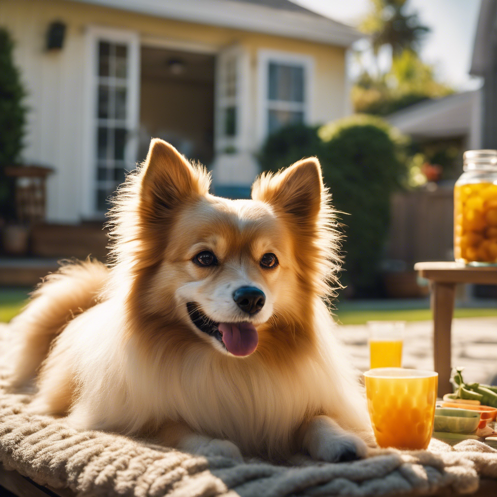 An image showcasing a serene, sun-drenched backyard scene with a Spitz dog basking in its golden years, surrounded by a nutritious diet, regular vet check-ups, daily exercise, mental stimulation, socialization, and a loving owner