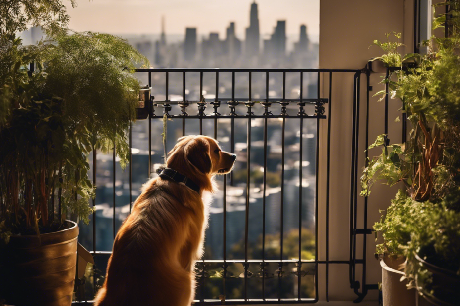 An image of a dog on a secure balcony with a tall safety gate, non-toxic plants, and a water bowl, overlooking a cityscape