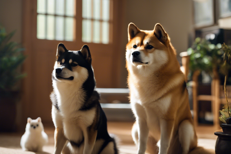 Ate a serene indoor scene with a Shiba Inu, a Kishu Ken, and a Japanese Chin, each engaging in characteristic behaviors that reflect calmness, cleanliness, and compact living suitability