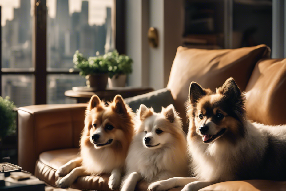 Ate a cozy apartment interior with five different Spitz dog breeds lounging on furniture, looking contented, with cityscape views through a large window in the background