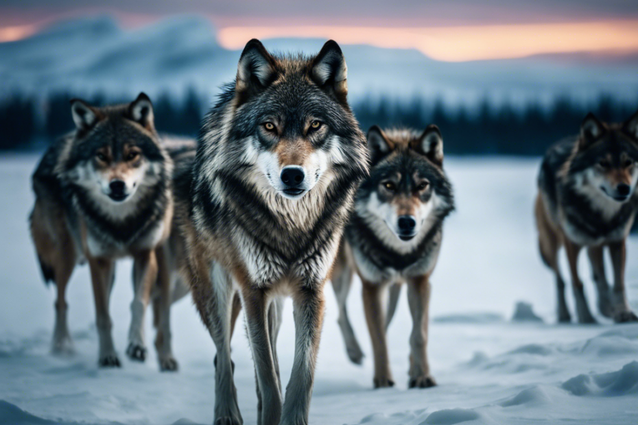 Of wolves on a snowy tundra, coordinating a chase, with focused eyes and tense muscles, under the Northern Lights