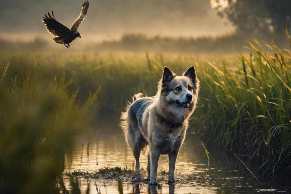 breed dog in lush wetlands, poised attentively, with camouflaged hunters in the background, and a flock of birds taking flight in the early morning mist