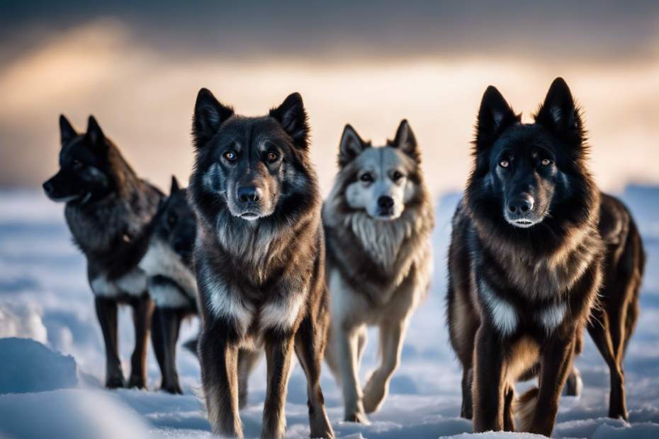 Of thick-furred Arctic hunting dogs, with insulated paws, navigating a snowy landscape, showcasing their robust physique and alert, piercing eyes against the backdrop of ice formations and the aurora borealis
