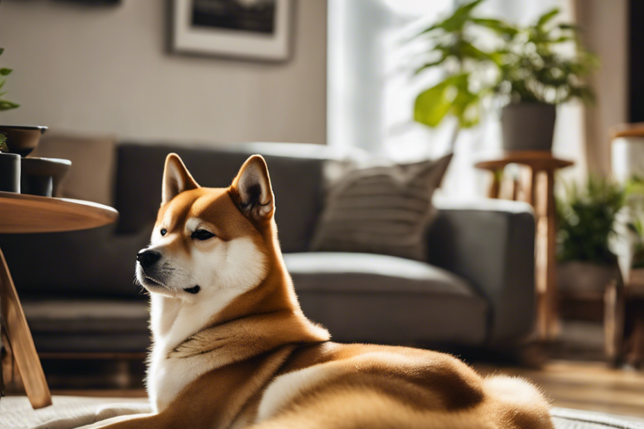 An image of various Japanese dog breeds like Shiba Inu and Kishu Ken, comfortably lounging in a cozy, well-lit, modern apartment interior with minimalist decor and potted plants