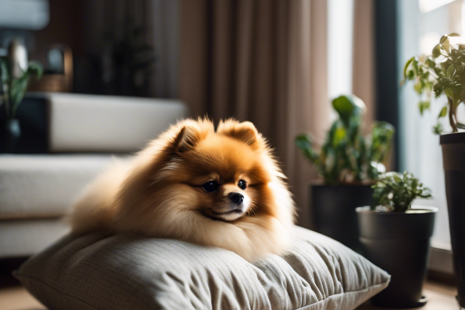 An image of a fluffy Japanese Pomeranian peacefully napping on a cozy cushion inside a compact, well-lit, modern apartment with a small balcony overflowing with potted plants