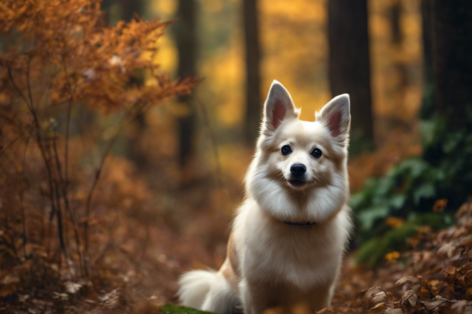 dog with a keen, alert expression in a dense forest underbrush, next to a rabbit, showcasing agility and focus, with autumn leaves highlighting their fur contrast and hunting prowess