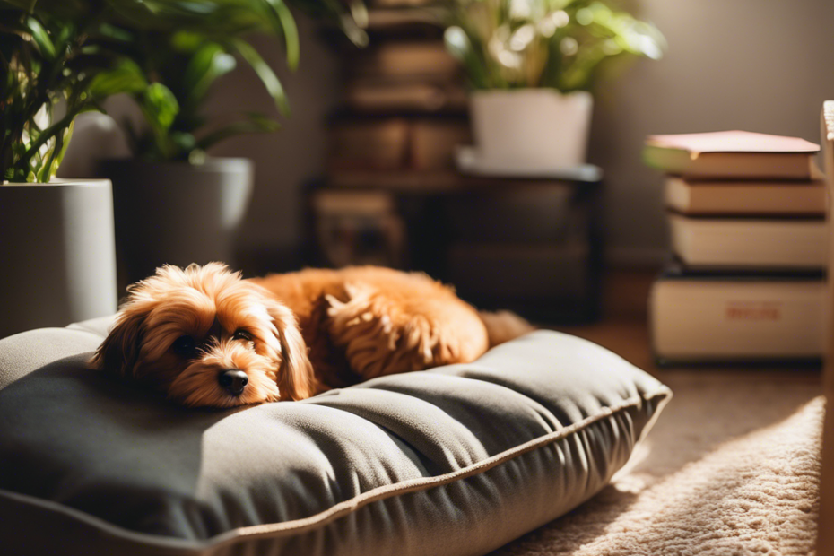 Ok in a sunlit room with plush pillows, a small fluffy dog curled up, miniature indoor plants, and a tiny dog bed by a bookshelf filled with dog care books