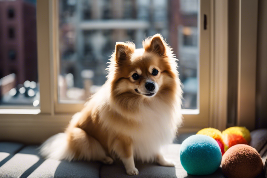An image of a small, fluffy Spitz dog contentedly lounging on a cozy apartment window seat, surrounded by dog toys and a small water bowl, with city buildings visible through the window