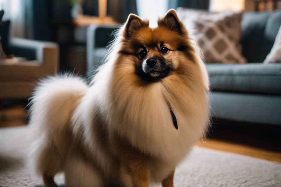 Ate a cozy apartment interior with various Spitz breeds like the Pomeranian, Keeshond, and Japanese Spitz lounging on furniture, playing with toys, and looking content in a well-lit, spacious living room setting