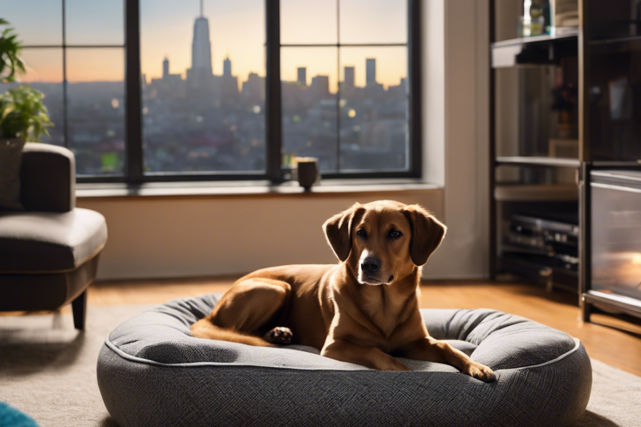 Ate a tranquil apartment interior with a cozy dog bed, soundproof walls, puzzle toys, and a dog calmly gazing out a window with a cityscape view, reflecting serene, content apartment dog living