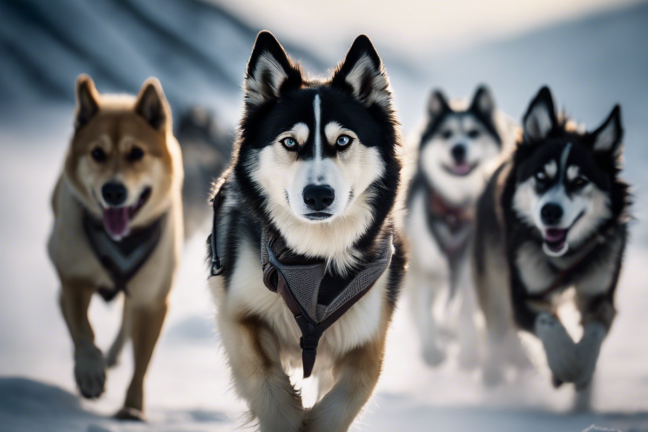 Of Arctic dogs with thick fur, keen eyes, and alert ears, tracking scent in a snowy landscape, showcasing their agility and strength as they navigate the icy terrain