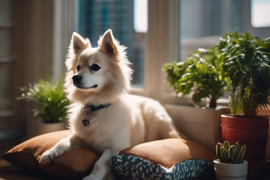 Ate a serene Spitz dog lounging on a cozy apartment window seat, with cityscape views, indoor plants, and compact dog toys neatly arranged in a small, stylish living space