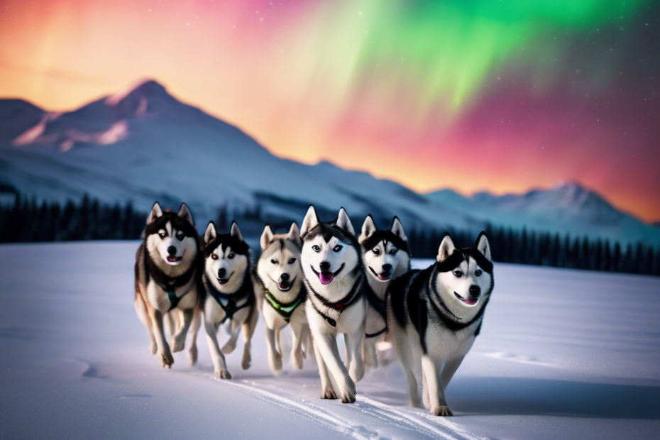 An image featuring a pack of huskies tracking through a snowy Arctic landscape with mountains in the background and a colorful aurora borealis overhead