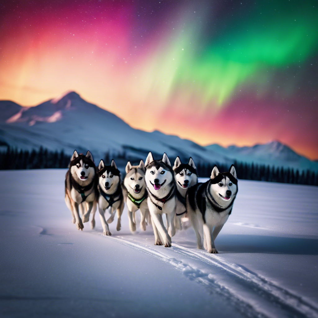 An image featuring a pack of huskies tracking through a snowy Arctic landscape with mountains in the background and a colorful aurora borealis overhead